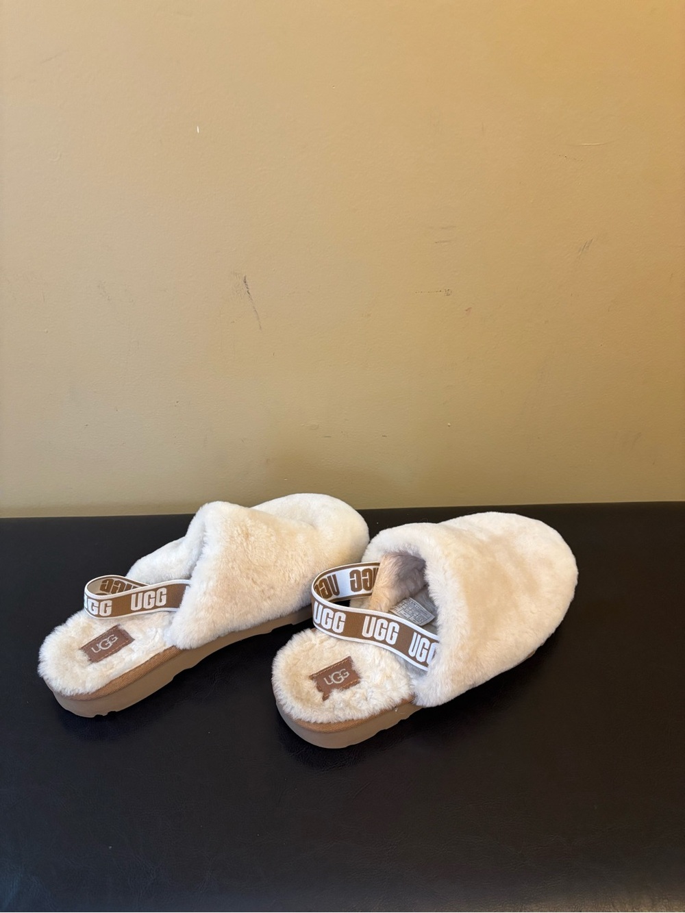 UGG Kids Cream Plush Slide Slippers with Branded Strap